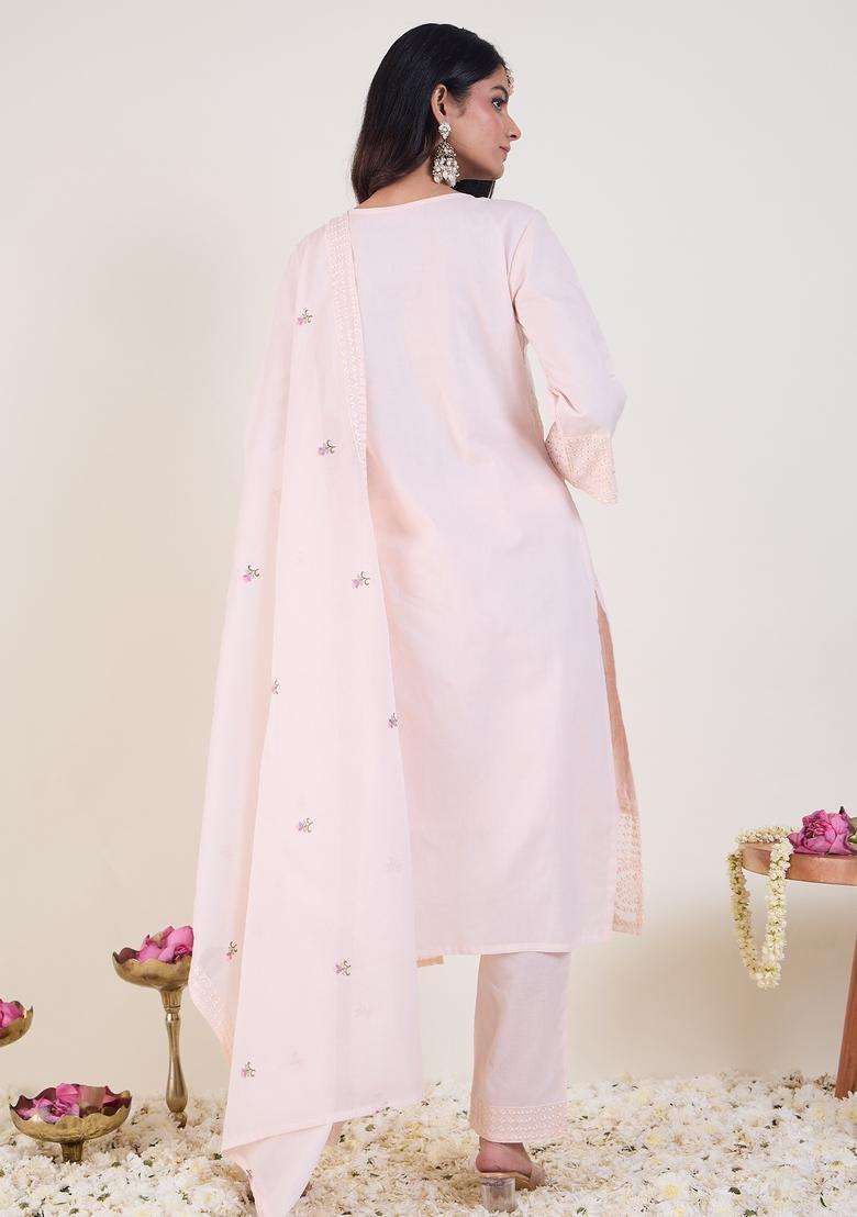 Pink Embroidered Cotton Straight Kurta Set - Indya