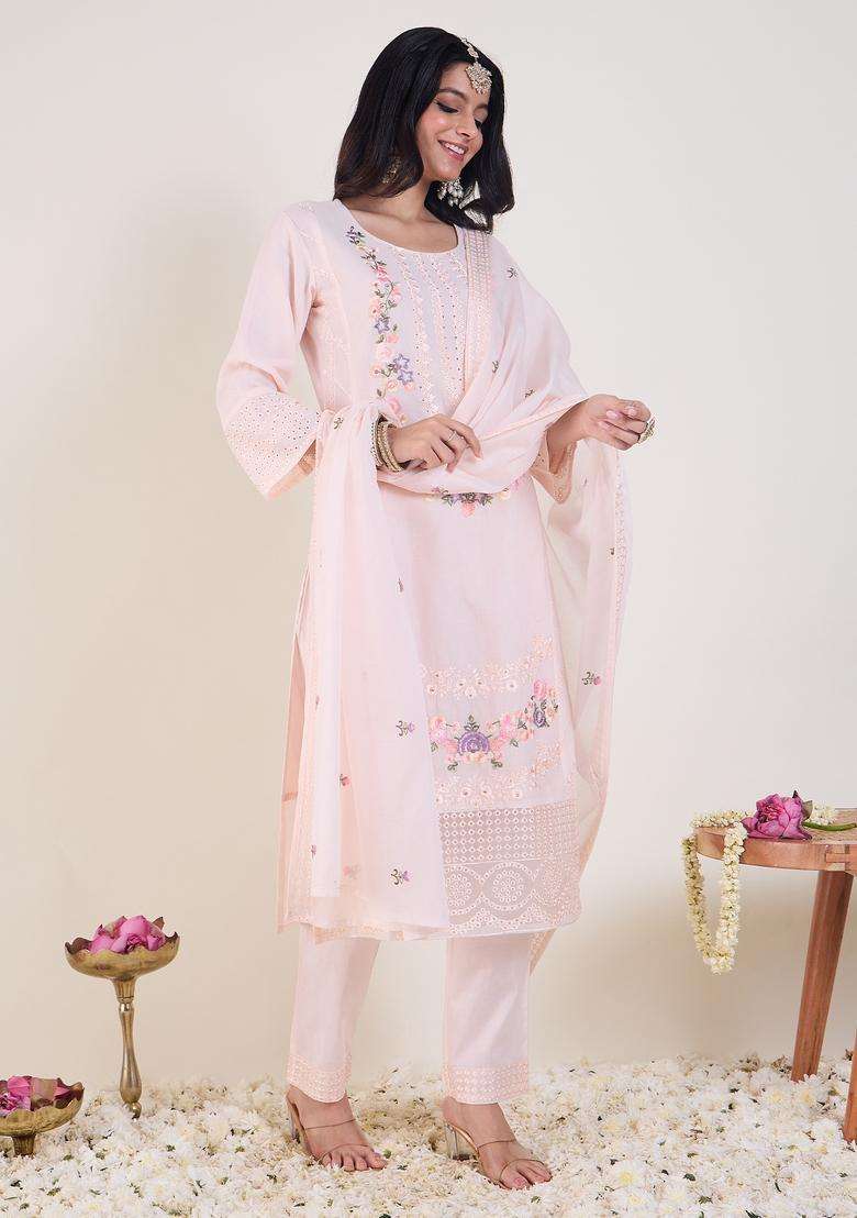 Pink Embroidered Cotton Straight Kurta Set - Indya