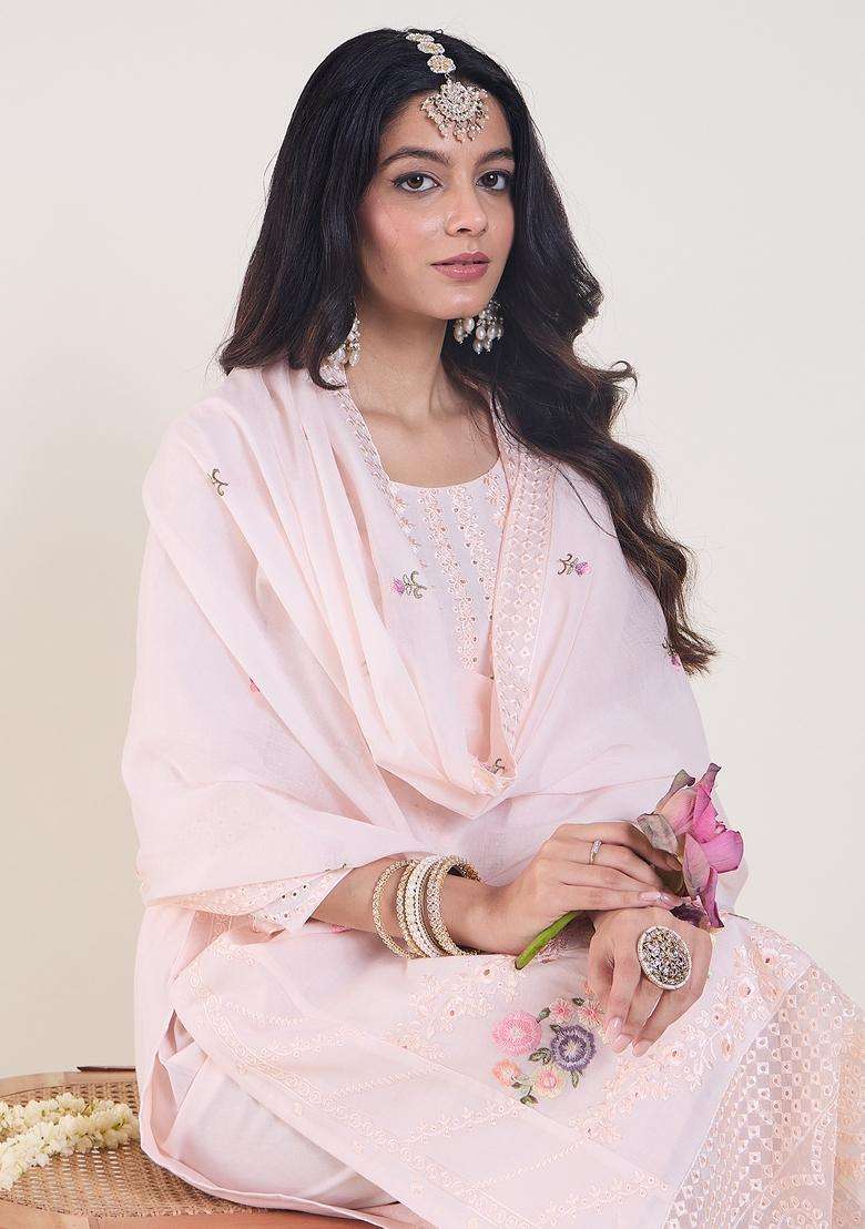 Pink Embroidered Cotton Straight Kurta Set - Indya