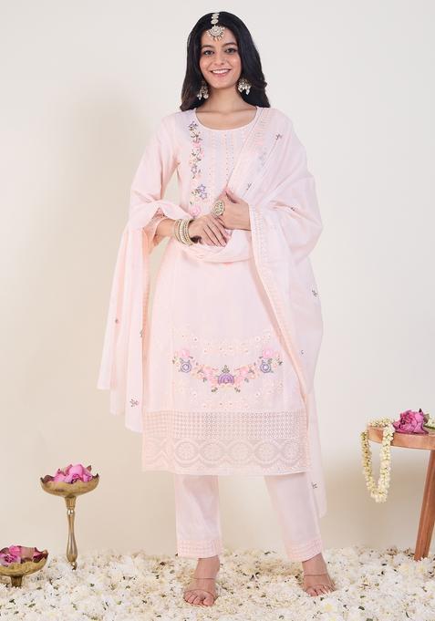 Pink Embroidery Cotton Kurta Set
