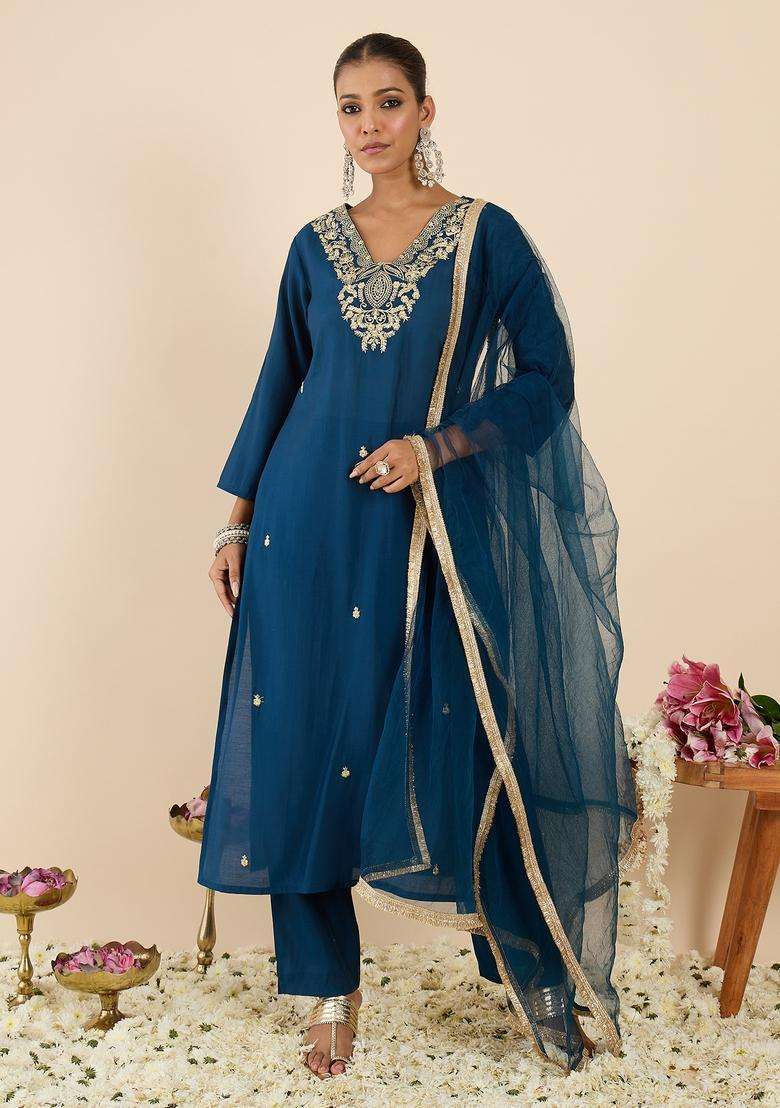 Teal Embroidered Blended Straight Kurta Set - Indya