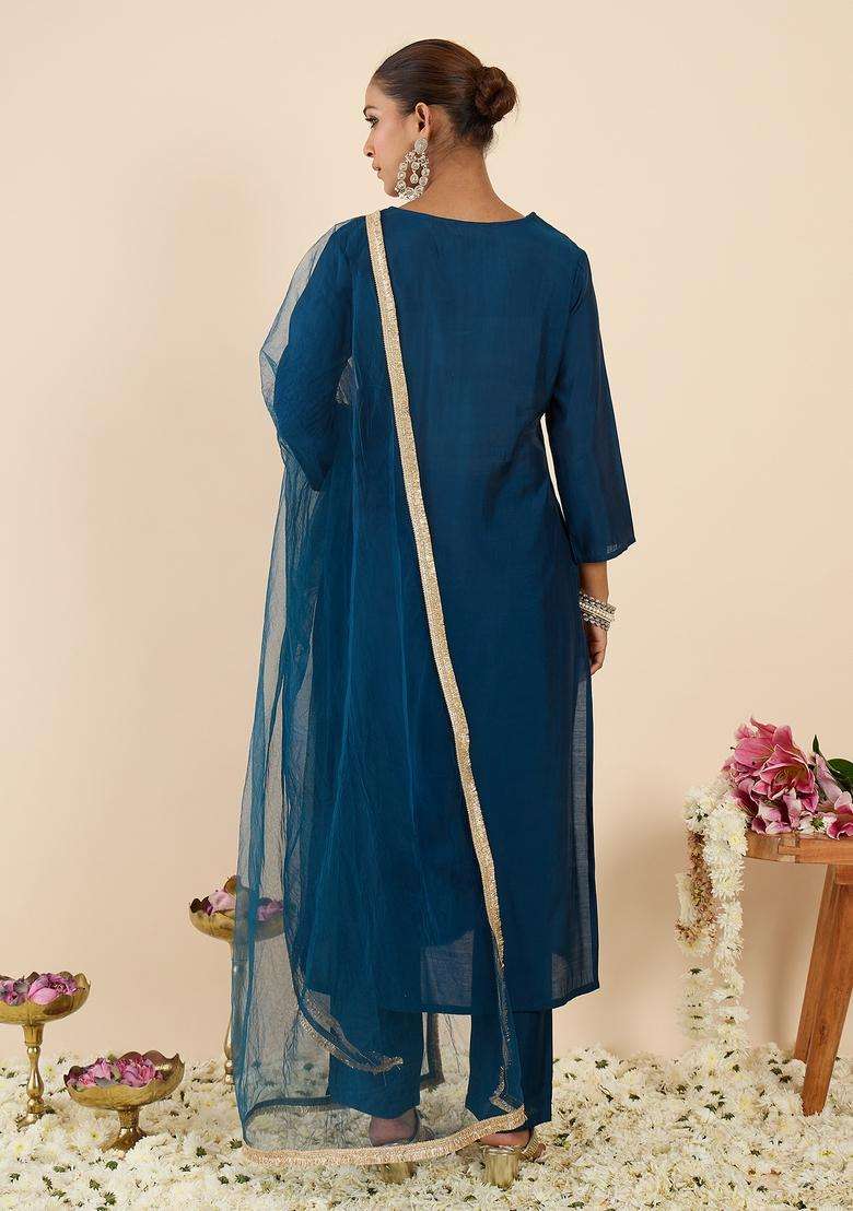 Teal Embroidered Blended Straight Kurta Set - Indya