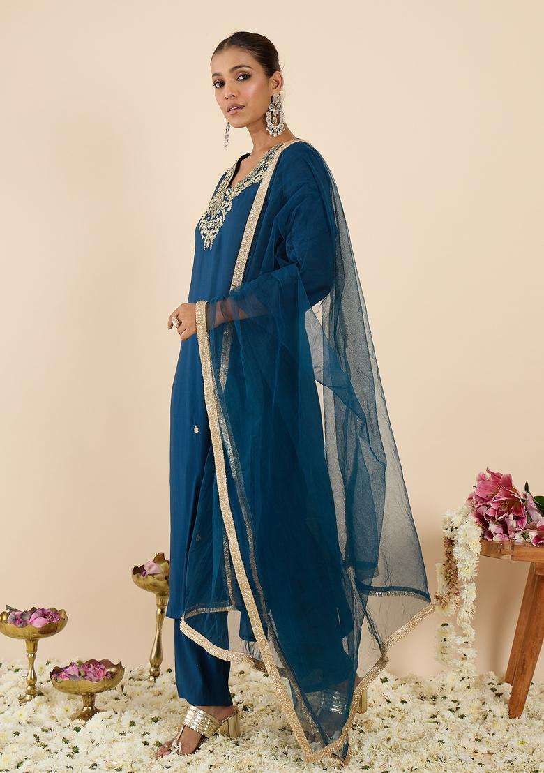 Teal Embroidered Blended Straight Kurta Set - Indya