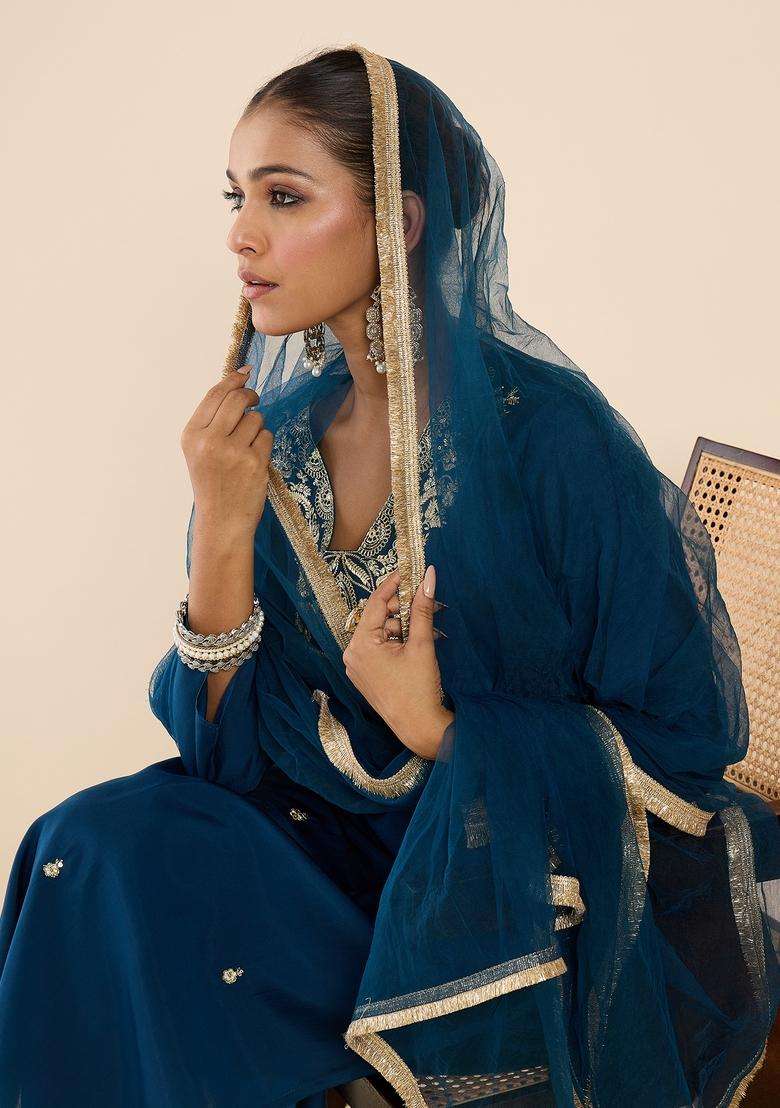 Teal Embroidered Blended Straight Kurta Set - Indya