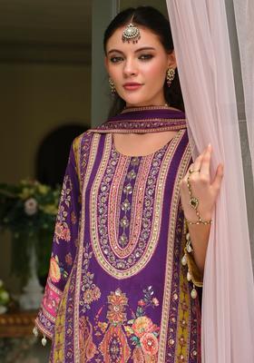 Purple Embroidery Silk Kurta Set