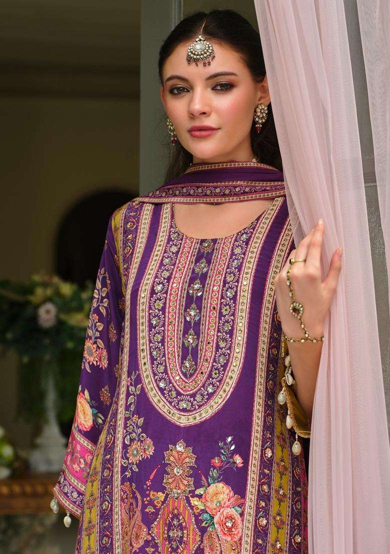 Purple Embroidered Silk Straight Kurta Set - Indya