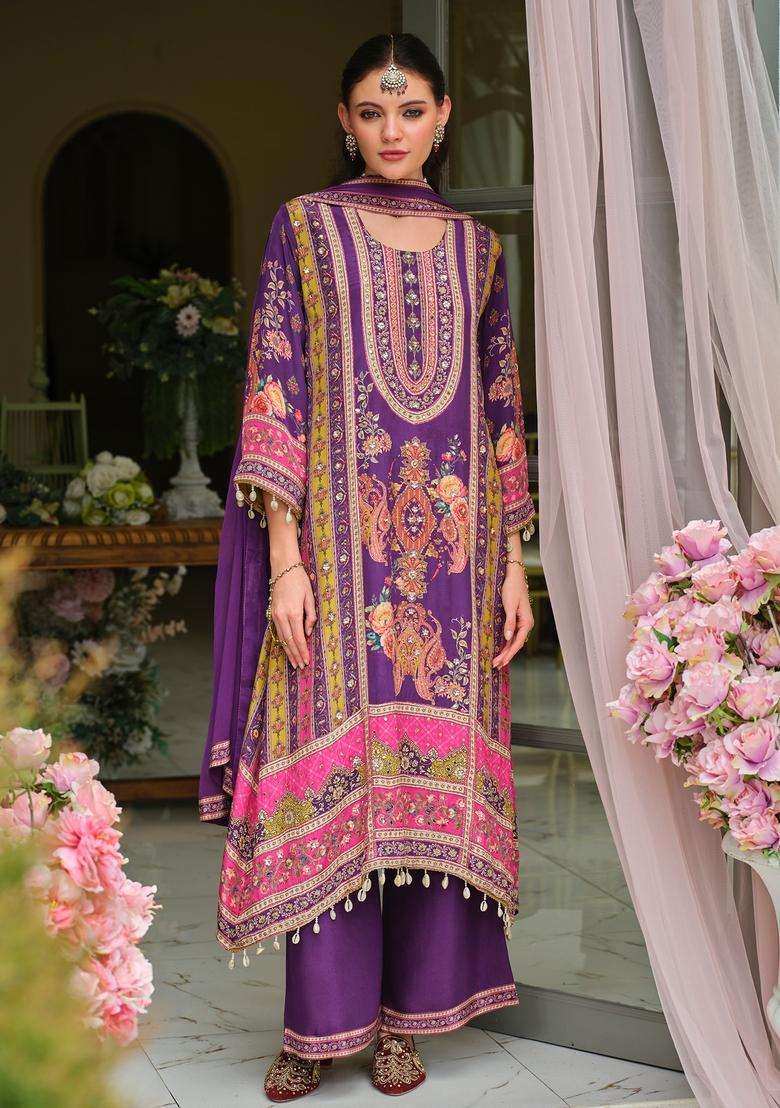 Purple Embroidered Silk Straight Kurta Set - Indya