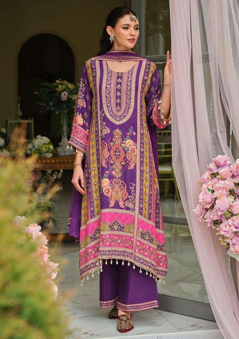 Purple Embroidered Silk Straight Kurta Set - Indya