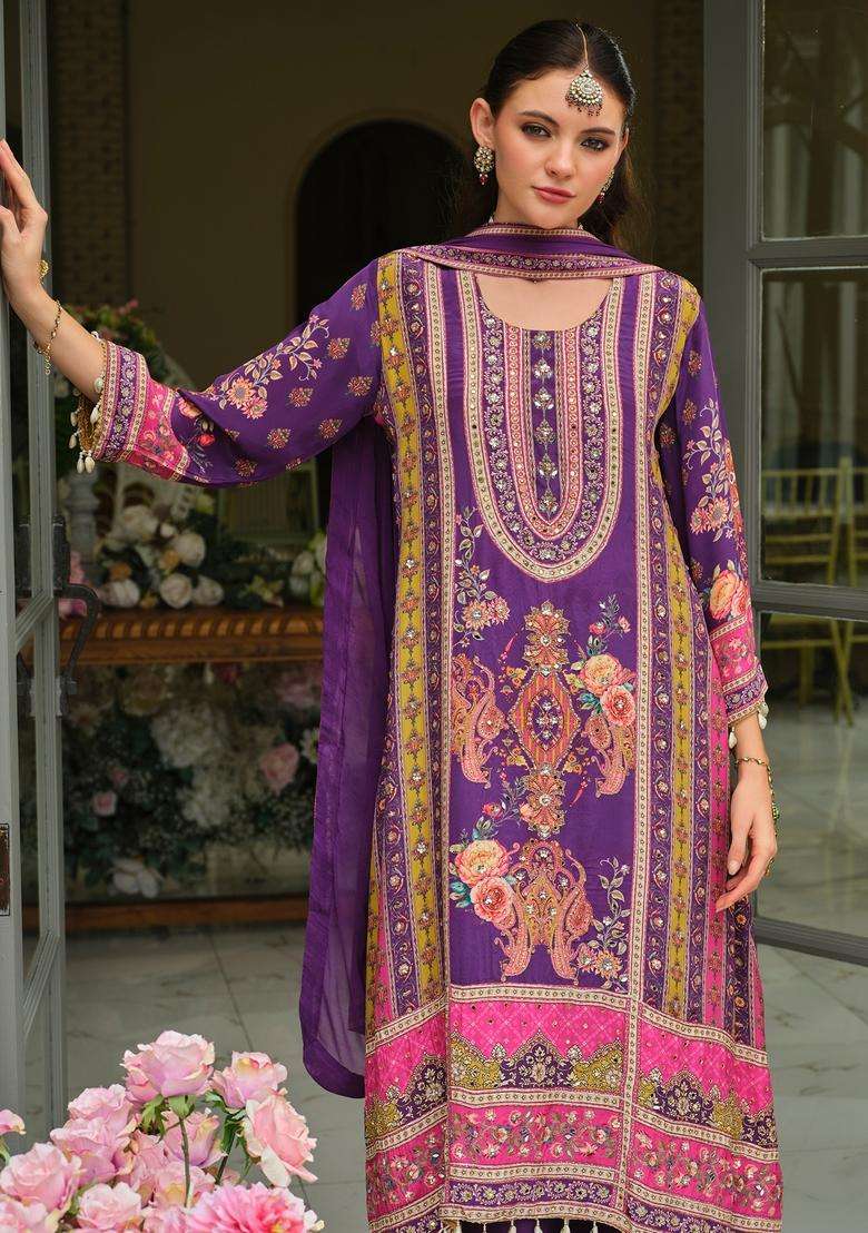 Purple Embroidered Silk Straight Kurta Set - Indya