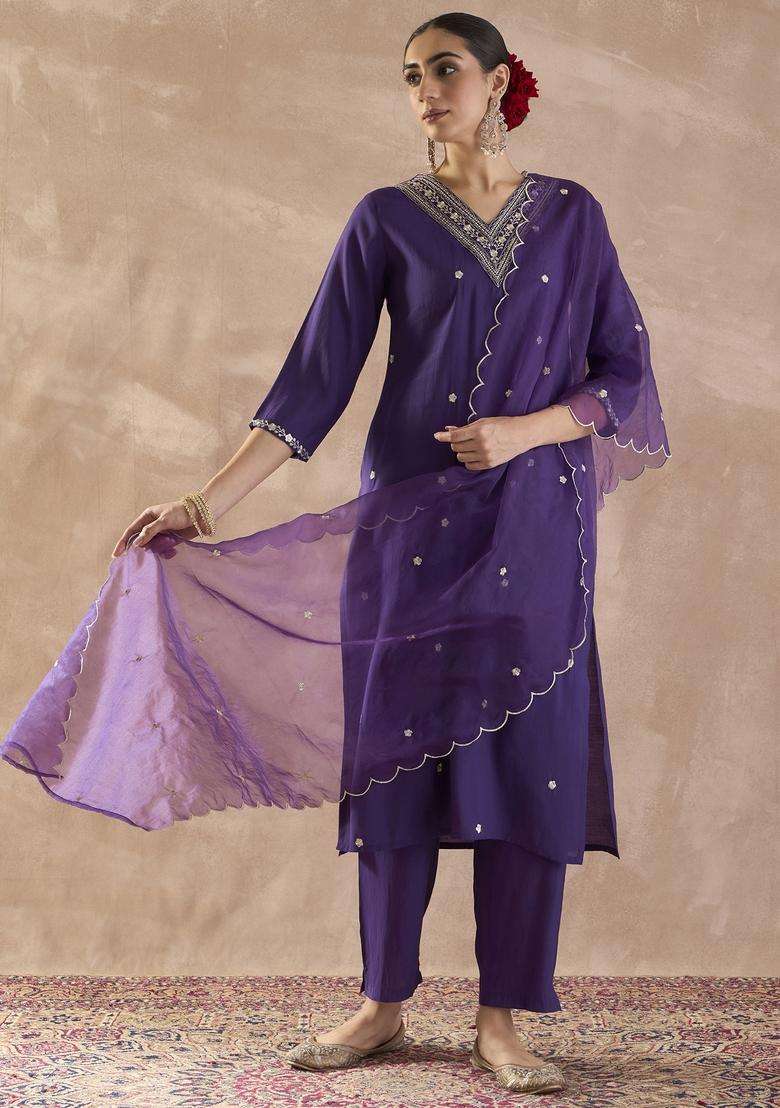 Purple Embroidered Blended Straight Kurta Set - Indya