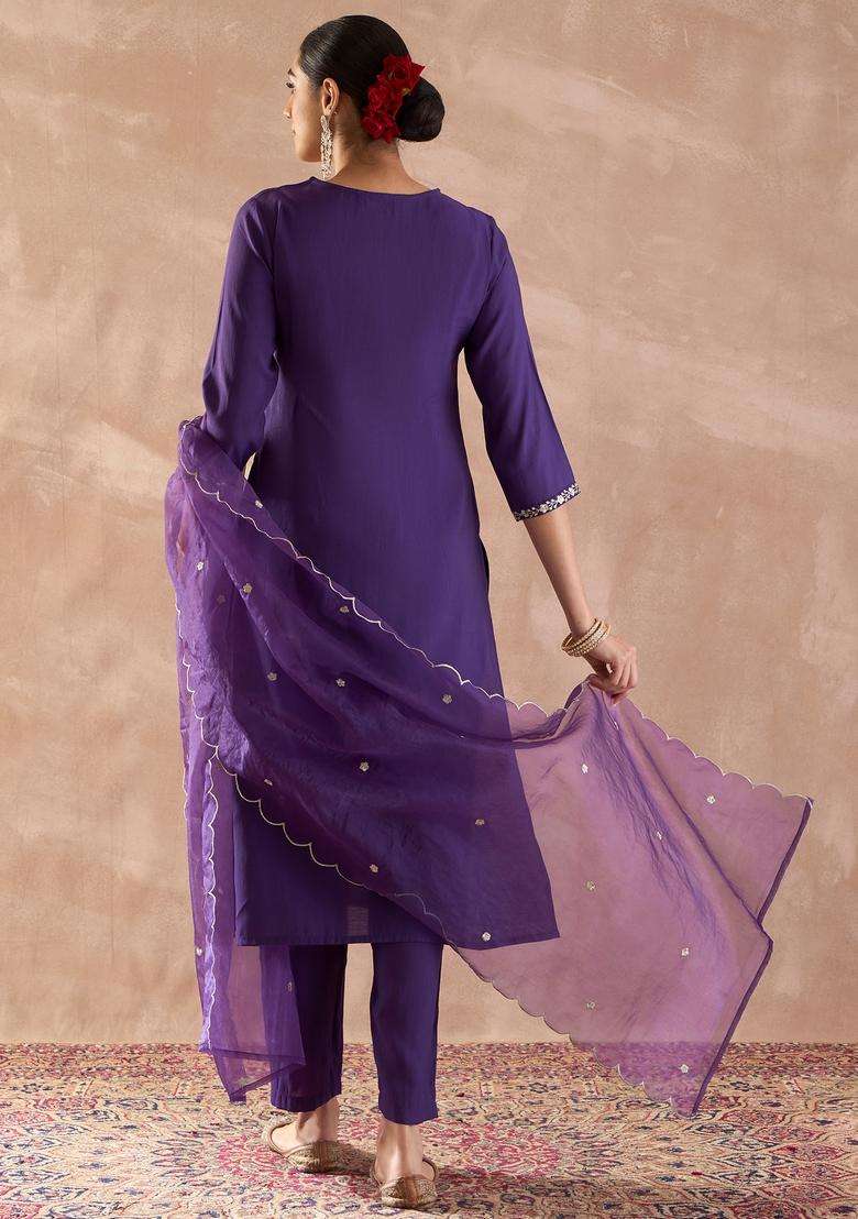 Purple Embroidered Blended Straight Kurta Set - Indya