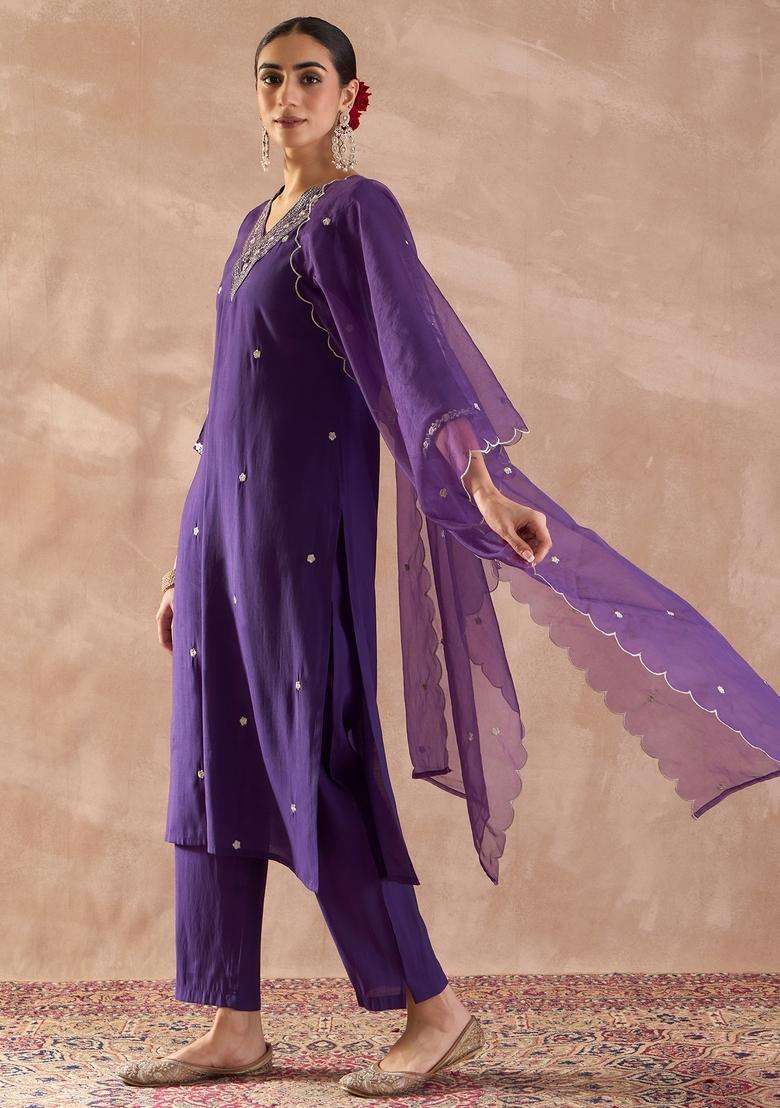 Purple Embroidered Blended Straight Kurta Set - Indya
