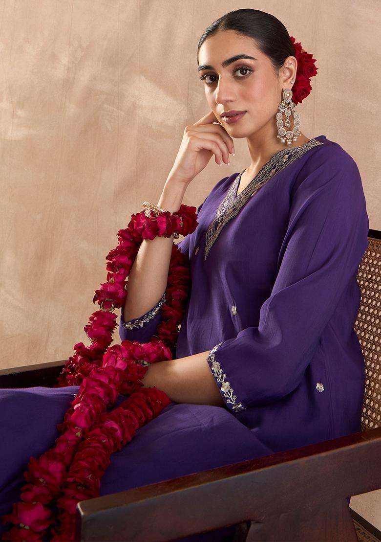 Purple Embroidered Blended Straight Kurta Set - Indya