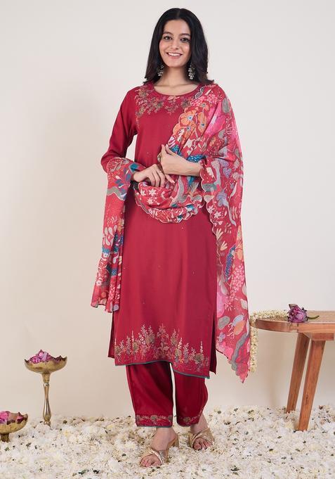 Pink Embroidery Viscose Rayon Kurta Set
