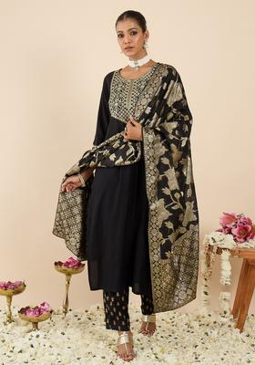 Black Embroidery Viscose Rayon Kurta Set