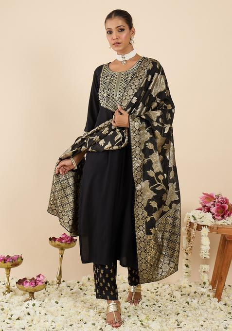 Black Embroidery Viscose Rayon Kurta Set