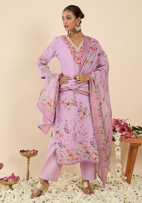 Lavender Embroidery Linen Kurta Set