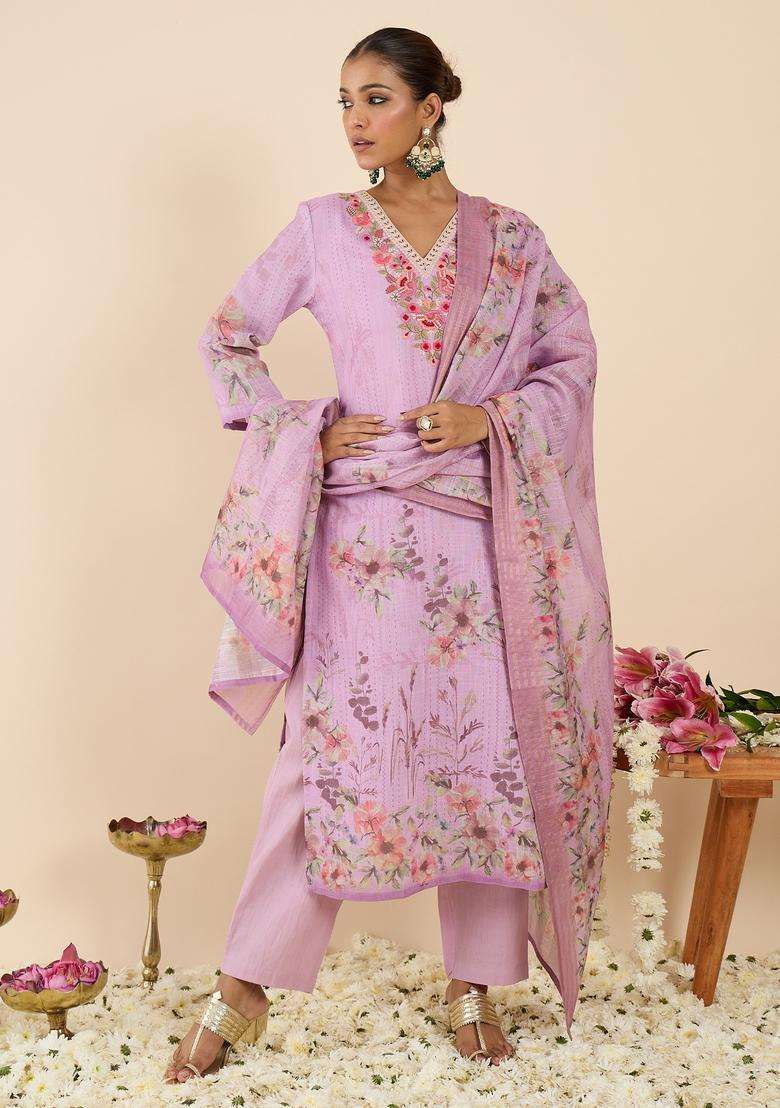 Lavender Embroidered Linen Straight Kurta Set - Indya