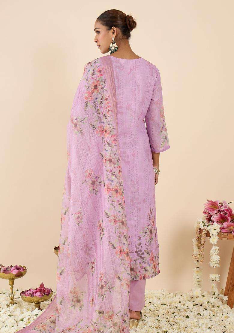 Lavender Embroidered Linen Straight Kurta Set - Indya
