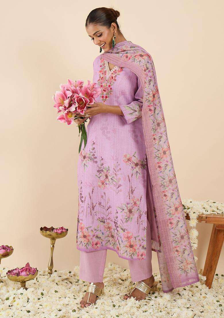 Lavender Embroidered Linen Straight Kurta Set - Indya