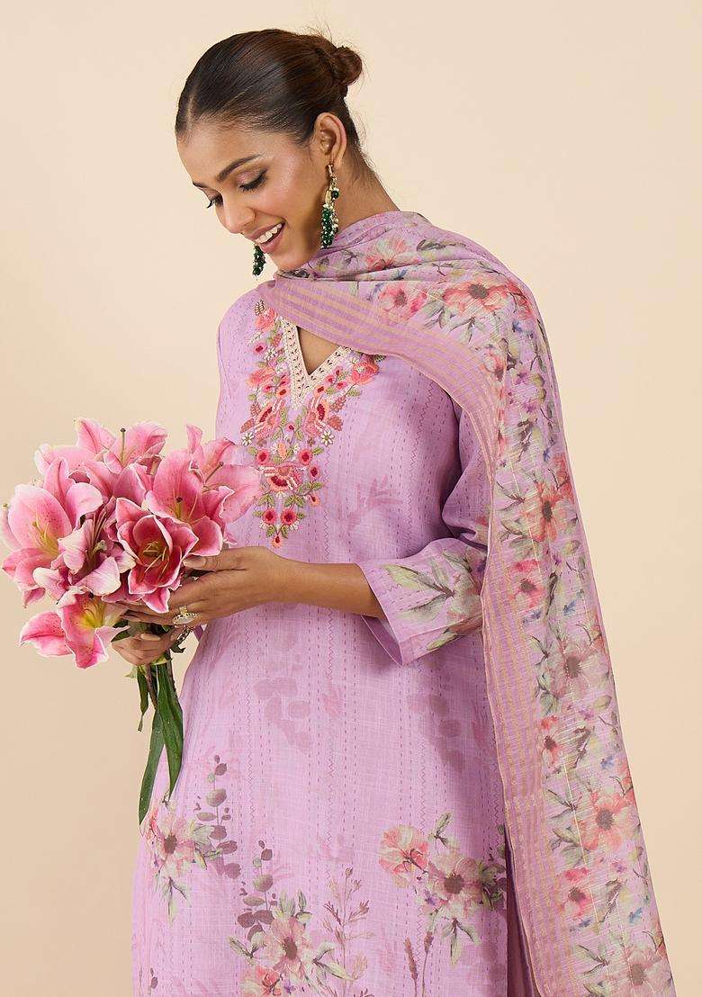 Lavender Embroidered Linen Straight Kurta Set - Indya