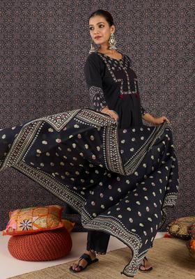 Black Embroidery Cotton Kurta Set