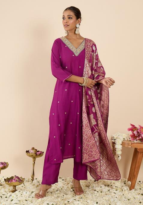 Purple Embroidery Silk Blend Kurta Set