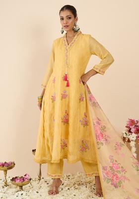 Yellow Embroidery Organza Kurta Set