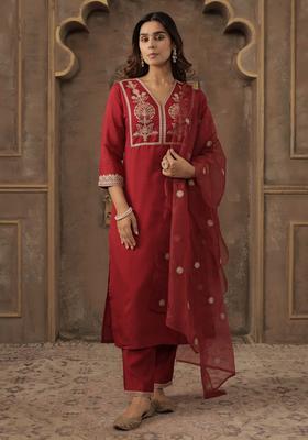 Maroon Embroidery Silk Blend Kurta Set