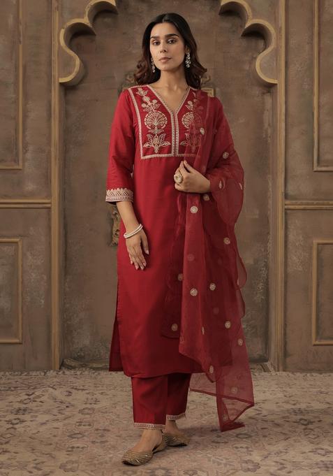 Maroon Embroidered Blended Straight Kurta Set