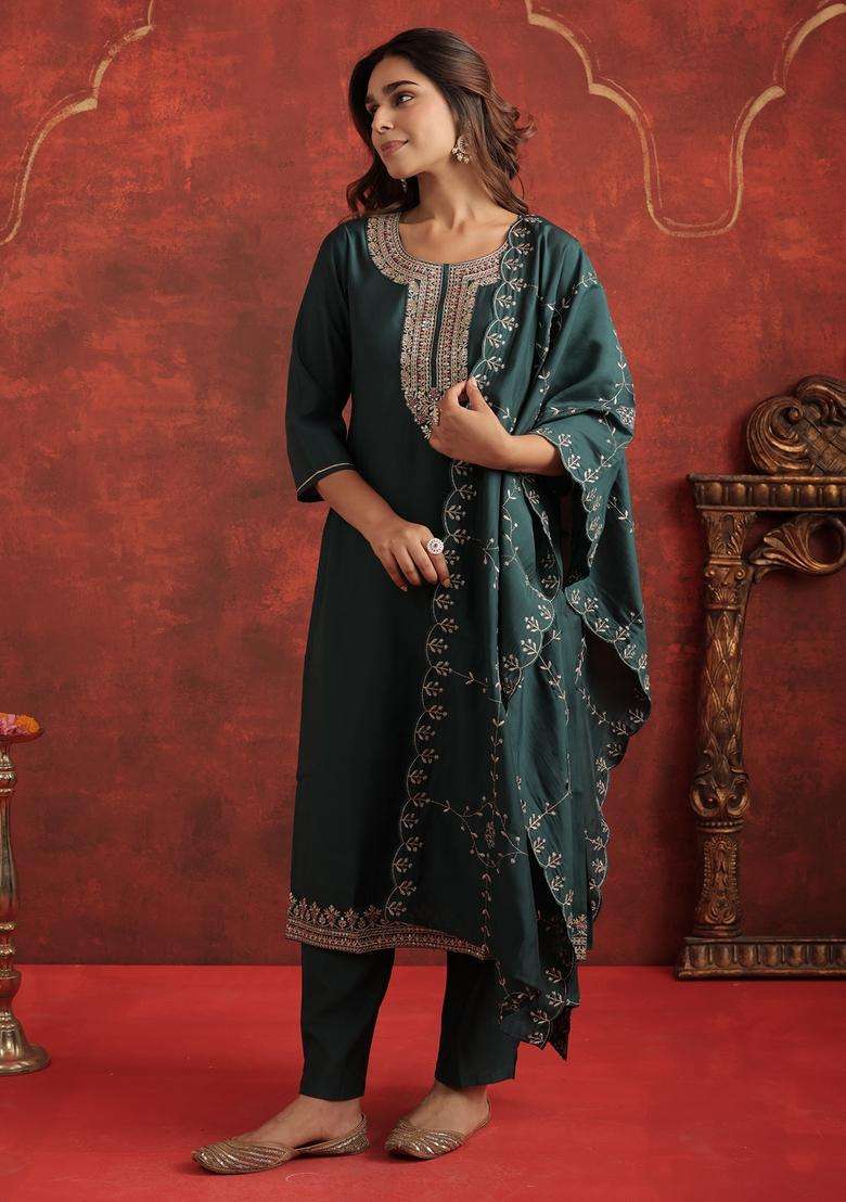 Green Embroidered Blended Straight Kurta Set - Indya