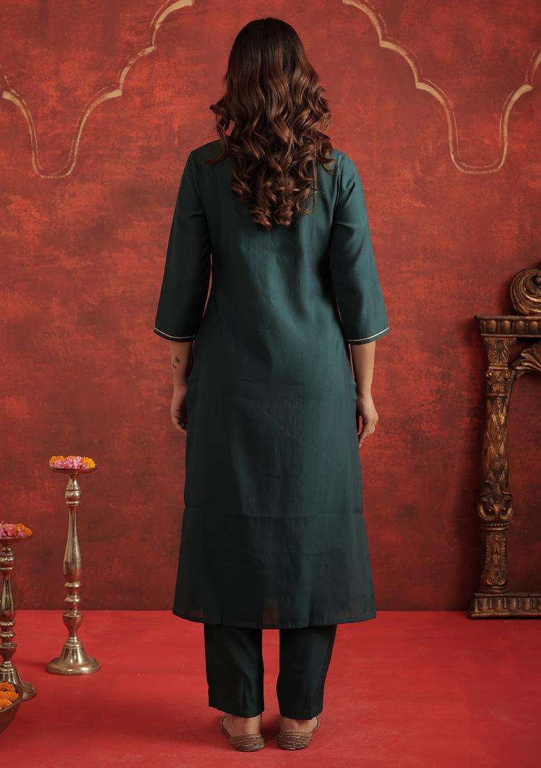 Green Embroidered Blended Straight Kurta Set - Indya