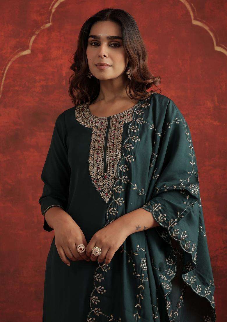 Green Embroidered Blended Straight Kurta Set - Indya