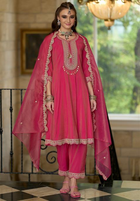 Pink Embroidery Silk Blend Kurta Set