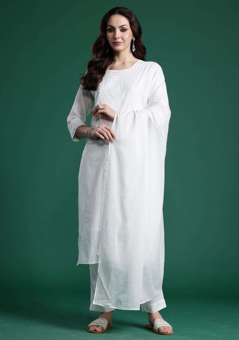 White Chikankari Cotton Straight Kurta Set - Indya