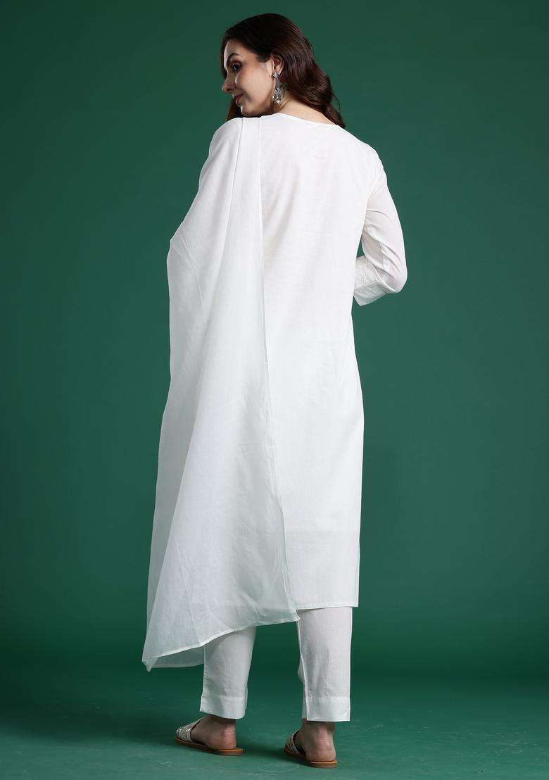White Chikankari Cotton Straight Kurta Set - Indya
