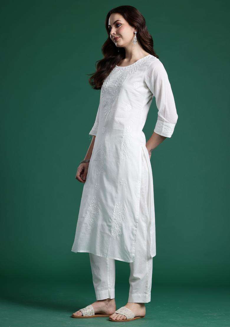 White Chikankari Cotton Straight Kurta Set - Indya