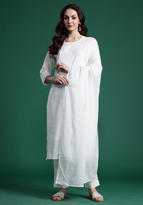 White Embroidery Cotton Kurta Set