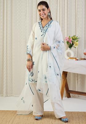 Off White Embroidery Cotton Kurta Set