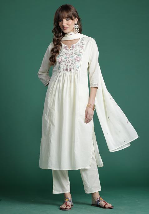 Off White Embroidery Cotton Kurta Set