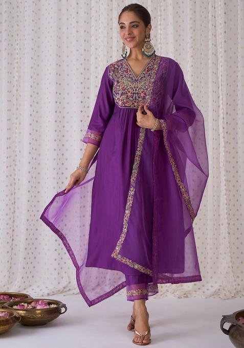 Purple Embroidery Liva Kurta Set