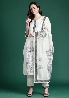 White Embroidery Linen Kurta Set