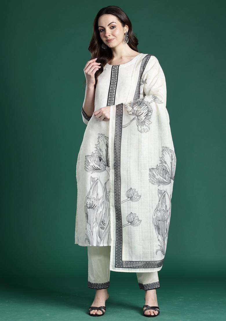 White Floral Print Linen Straight Kurta Set - Indya