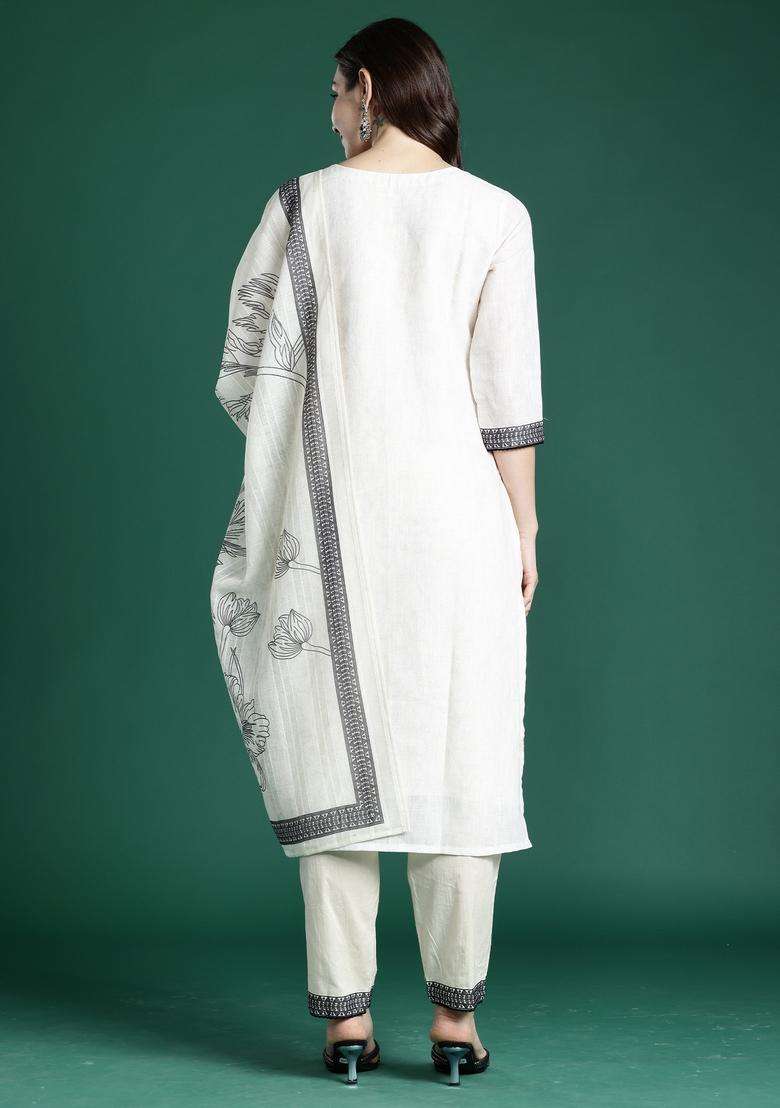 White Floral Print Linen Straight Kurta Set - Indya