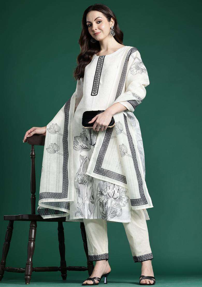 White Floral Print Linen Straight Kurta Set - Indya