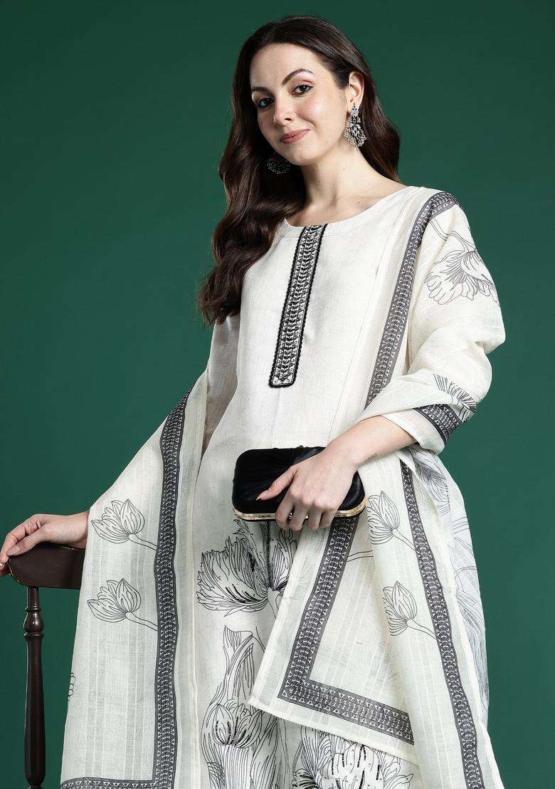 White Floral Print Linen Straight Kurta Set - Indya