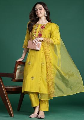 Mustard Embroidery Silk Blend Kurta Set