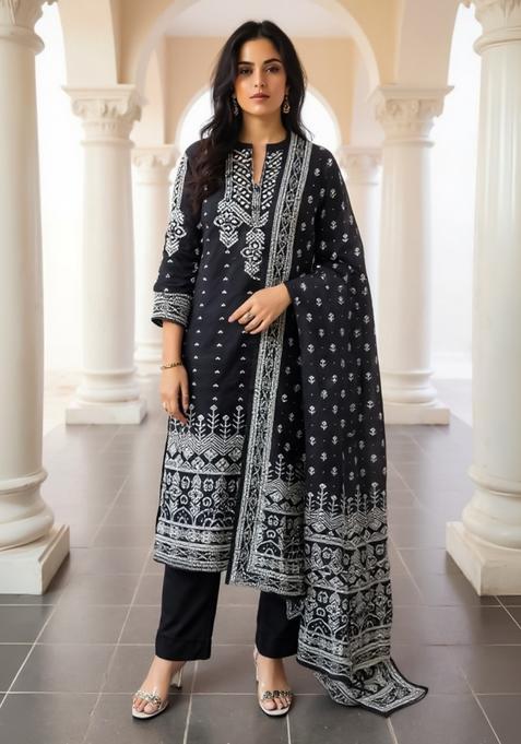 Black Embroidery Cotton Kurta Set