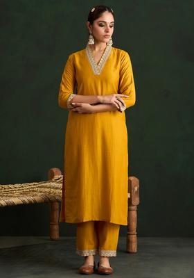 Mustard Embroidery Silk Blend Kurta Set