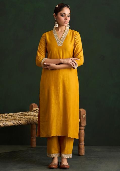 Mustard Embroidery Silk Blend Kurta Set